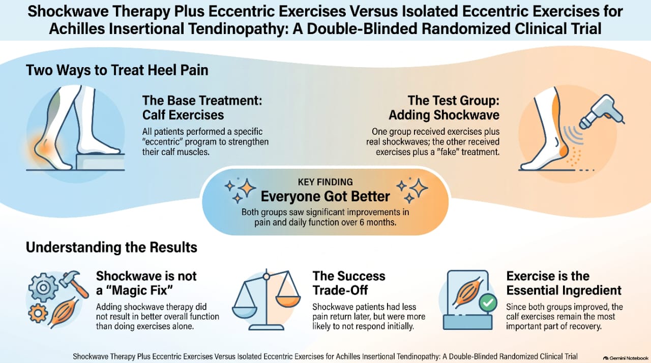 Does adding shockwave therapy to eccentric Achilles exercises improve outcomes more than exercise alone?